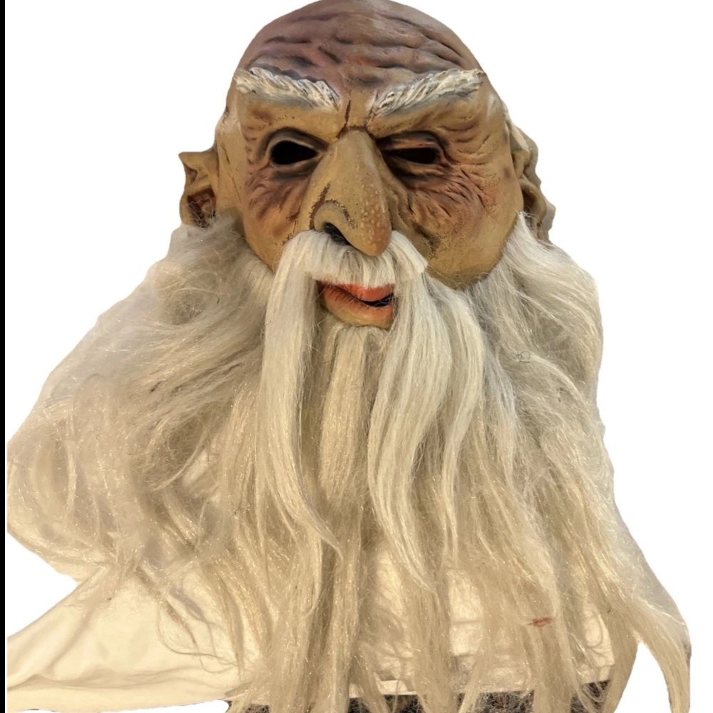 Vintage 2003 OLD MAN Mask WIZARD Full Head White Hair Beard Pointed Elf Ears VTG